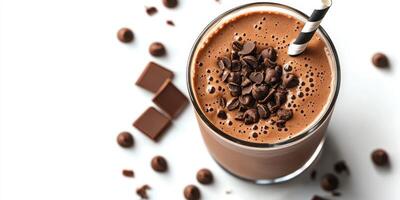Delicious chocolate smoothie topped with chocolate chips served in a glass with a striped straw photo