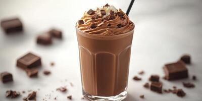 Perfectly crafted chocolate beverage topped with whipped cream and chocolate shavings on a light background photo