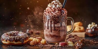 Indulging in a decadent chocolate treat with whipped cream, donuts, and assorted snacks at a cozy dessert cafe photo
