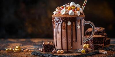 Indulgent dessert drink topped with marshmallows and chocolate served in a glass mug on a rustic table photo