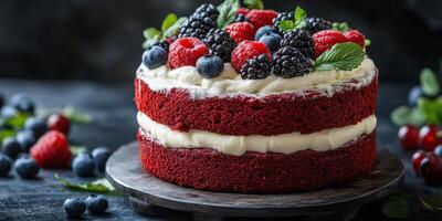 Delicious red velvet cake topped with fresh berries and mint on a dark surface photo
