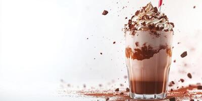 Creamy chocolate milkshake topped with whipped cream and chocolate shavings in a glass on a white background photo
