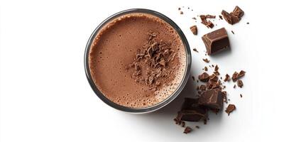 Rich hot chocolate topped with chocolate shavings placed next to chocolate chunks on a white background photo