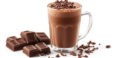 Creamy hot chocolate topped with chocolate shavings and surrounded by chocolate bars photo
