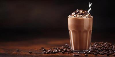 Delicious chocolate milkshake topped with whipped cream and chocolate chips in a stylish glass with a striped straw photo