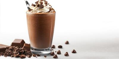 Delicious chocolate milkshake topped with whipped cream and chocolate sprinkles served in a tall glass photo