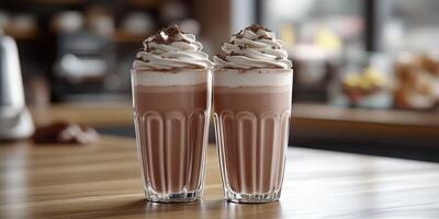 Creamy chocolate milkshakes topped with whipped cream served in stylish glasses at a cozy cafe photo