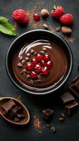 Rich chocolate sauce garnished with cherries and raspberries ready for dessert creation photo