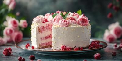 Beautifully decorated pink rose cake on a plate with fresh raspberries set against a soft background photo