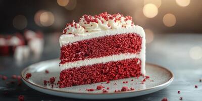 Red velvet cake slice on a plate with festive decorations in a warm and inviting setting photo