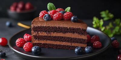 Decadent chocolate cake topped with fresh berries and mint in a dark setting photo
