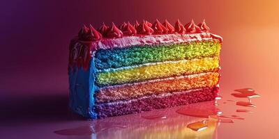 Brightly colored layered cake sits invitingly on a vivid background with vibrant hues and icing drizzles photo