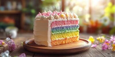 Rainbow cake elegantly displayed on a wooden plate in a warm and inviting kitchen ambiance during daylight hours photo