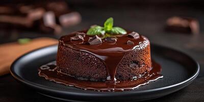 Indulgent chocolate dessert served on a dark plate with garnishes for an elegant dining experience photo