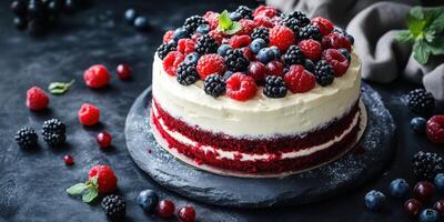 Delicious red velvet cake topped with an array of fresh berries on a dark stone surface in a cozy kitchen setting photo