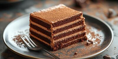 Decadent chocolate cake served on a black plate during a cozy afternoon gathering at home photo
