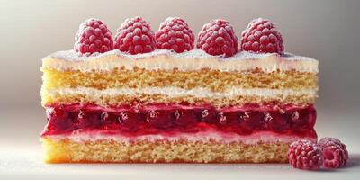 Delicious layered cake with fresh raspberries, cream, and bright red jelly in a minimalist setting photo