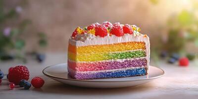 Rainbow layer cake adorned with fresh raspberries and decorative flowers in soft natural lighting photo