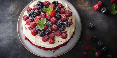 Delicious red velvet cake topped with fresh raspberries and blackberries on a rustic table photo