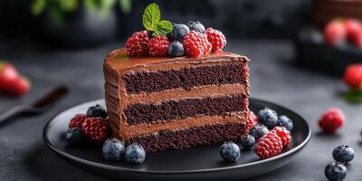 Decadent chocolate cake layered with fresh berries on a stylish black plate photo