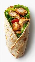 Tasty chicken wrap filled with fresh vegetables, ideal for a quick meal or snack at lunch or dinner time photo