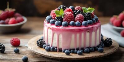 Colorful berry cake with fresh fruits on a wooden table surrounded by raspberries and blackberries in a rustic setting photo