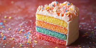 Rainbow cake layered with vibrant colors and topped with icing and colorful sprinkles after baking photo