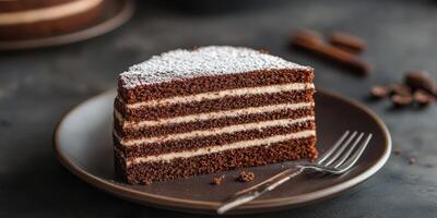 Delicious layered chocolate cake with creamy filling served on a dark plate during a cozy indoor setting photo