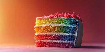 Colorful layered cake with vibrant frosting served on a pink background photo