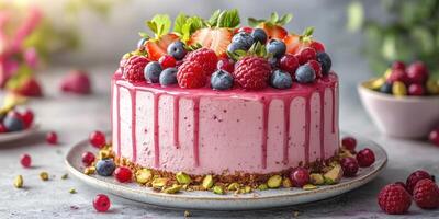 Delicious berry cheesecake dessert garnished with fresh fruits and nuts displayed on a plate photo