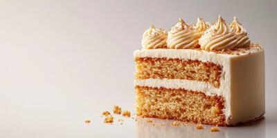 Delicious layered cake with creamy frosting and decorative swirls showcased on a plain background photo