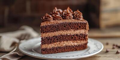 Delightful chocolate cake slice on a white plate, showcasing rich layers and creamy frosting photo