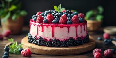 Delicious berry cheesecake topped with fresh raspberries and blueberries on a wooden serving board photo