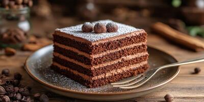 Delicious chocolate cake served on a rustic wooden table with coffee beans and spices in the background photo
