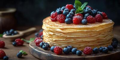 Delicious stack of pancakes topped with fresh berries arranged on a wooden table photo