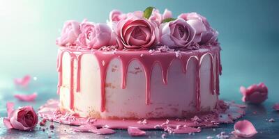 Beautiful rose-topped cake with pink icing and drips, perfect for celebrations or special occasions photo