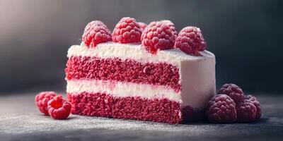 Decadent red velvet cake with fresh raspberries and cream frosting on a dark background photo