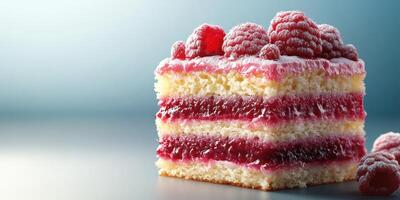 Delicious raspberry cake slice with layers of cream and fruit on a reflective surface photo