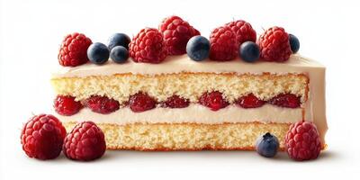 Delicious layered cake with cream and fresh berries served on a white plate photo