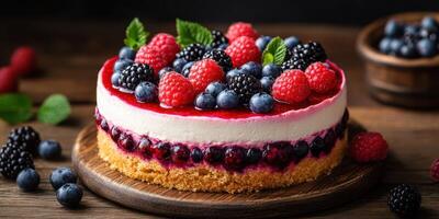 Delicious berry cheesecake displayed on a wooden serving board in a cozy setting photo