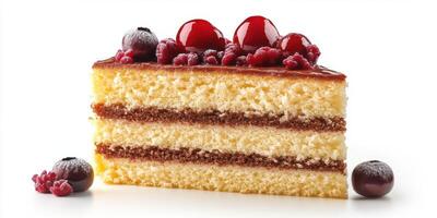 Layers of cake topped with cherries and berries ready for dessert enjoyment in a bright setting photo