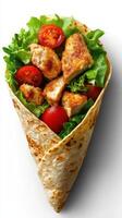 Fresh wrap filled with grilled chicken, lettuce, and cherry tomatoes, served in a warm tortilla photo