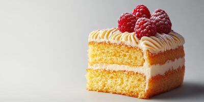 Delicious layered cake topped with fresh raspberries and cream on a neutral background photo