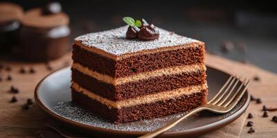 Decadent chocolate cake with layers of creamy frosting and garnish served on elegant table setting photo