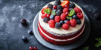 Delicious red velvet cake topped with fresh berries and mint leaves on a black table photo