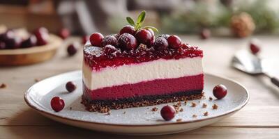 Delicious layered dessert with berries and cream served on a white plate in a rustic setting photo