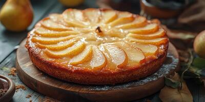 Delightful pear cake displayed on a wooden board with garnishes and decorative elements photo