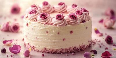 Beautifully decorated cake adorned with pink roses and delicate petals on a soft pastel background photo