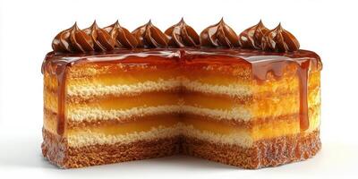 Delicious layered cake with rich chocolate frosting displayed on a white background photo