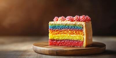 Colorful layer cake with vibrant frosting displayed on a wooden platter in warm light photo